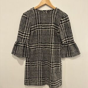 Zara Black and Cream Plaid Bell-Sleeve Mini Dress